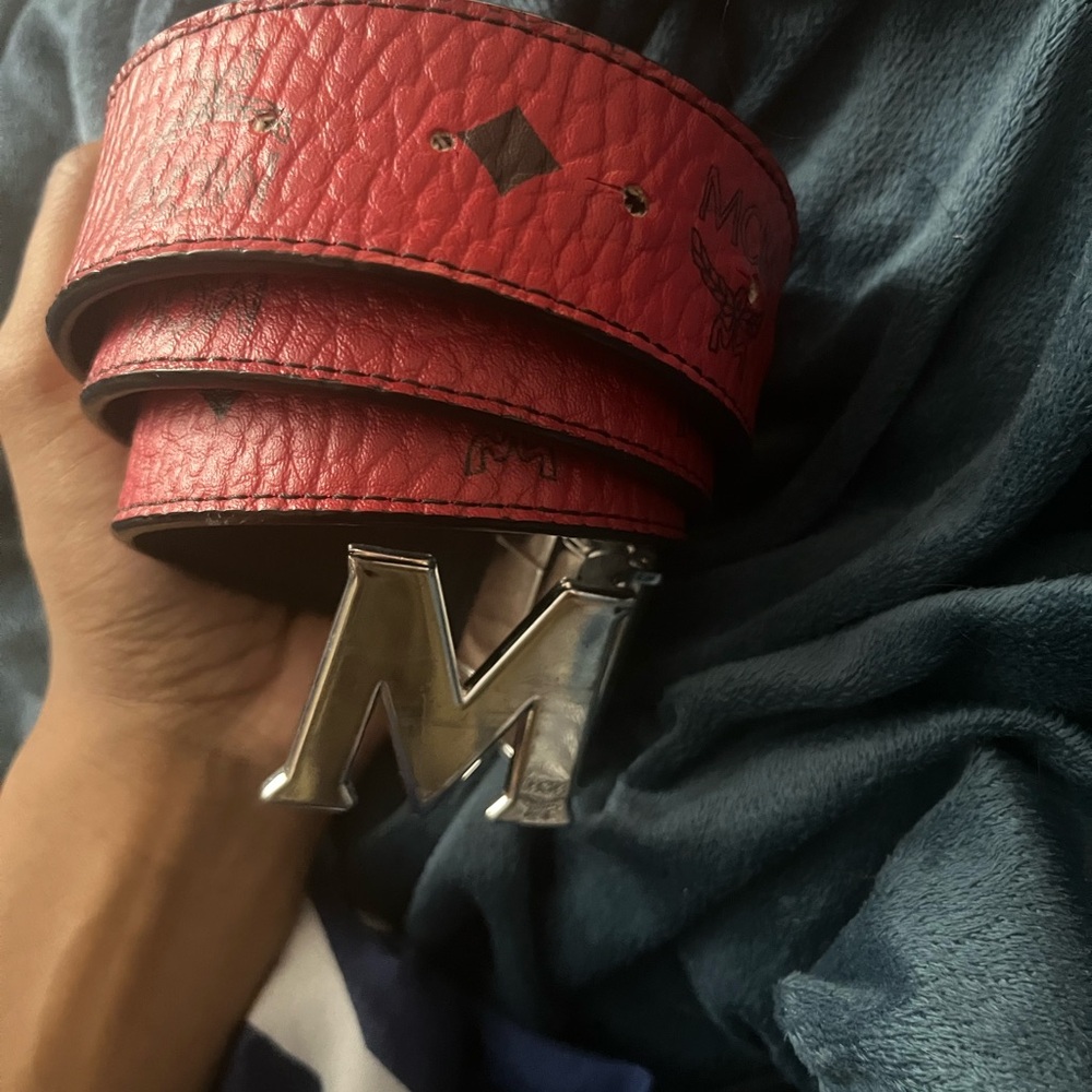 MCM Red Leather Belt with Silver Buckle